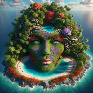 Create a 3D island shaped like Farrah 
fawcetts face, viewed fro...