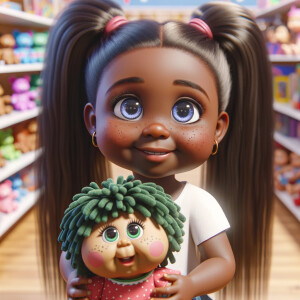 Create a 3-D realistic image of an African-American little girl above the age of five she has huge, blue eyes and thick long ponytails.
She is in a toy store and she is playing with her favorite african-American Cabbage Patch doll , the doll has deep, dimples and freckles