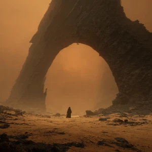 Photorealistic cinematic scene of a lone figure standing beneath...