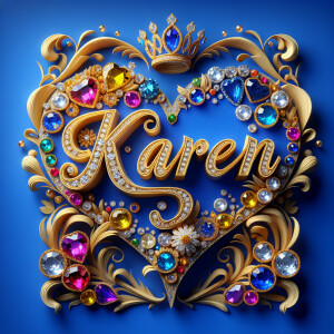 Craft a 3-D image showcasing the name 'KAREN' in a luxurious gol...