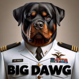 A mean Rottweiler, the Rottweiler is a US Navy officer in a white uniform, down below, spells the words BIG DAWG