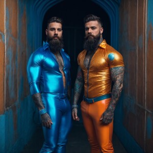 Two bearded muscular men standing with his hands on his in his p...