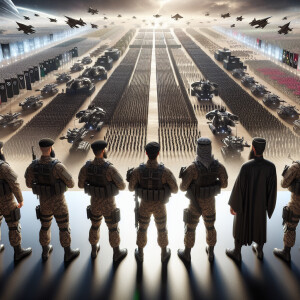 Generate a picture of 5 Muslim army generals with their backs sh...