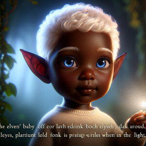 An elven baby with dark brown skin, blue eyes, and blonde hair.