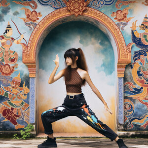 teenage girl, long brown hair and bangs, wearing tight skinny jeans and a halter top paint marks on her clothing, heroic pose Asian graffiti background, nearing on one knee