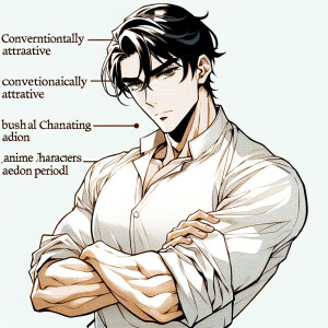 a man in a white shirt with his arms crossed, a character portra...