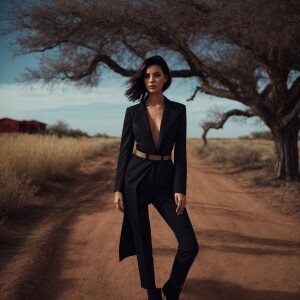 Capture a striking fashion photo featuring a dark-haired Italian...