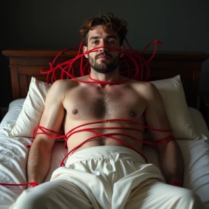 A man tied to a bed Wearing no shirt whatsoever with long red wh...