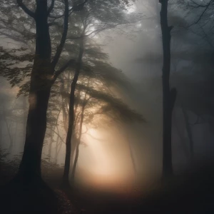 A dense forest cloaked in thick mist, with faint silhouettes of trees and a glowing light emanating from deeper within.