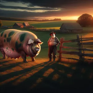 An old farm, heavy farmer stsnding next to a gigantic fat pig