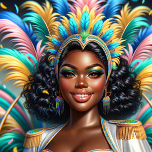 Create a 3-D  vivid full-body view of a colorful glossy hyper-realistic oil painting of a detailed illustration full length photo single image of a beautiful African-American caramel skinned woman plus sized, with long, black, wavy hair, her make up is airbrushed and flawless, she is dressed in a white, teal and yellow large, elaborate, elegant, very detailed carnival costume with colorful African-American pink, blue, gold yellow green feathers, flawless makeup, prominent lashes, black peep toe heels, white pixie hair, background bokeh, she is stunning and smiling, digital art.