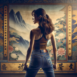 Athletic Thin skinny Attractive, Asian teenage girl, long brown hair and bangs, wearing tight skinny jeans and a halter top paint marks on her clothing, heroic pose Asian graffiti background, backside view