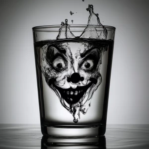 Macro photography. Black ink is dropped into a clear glass of wa...