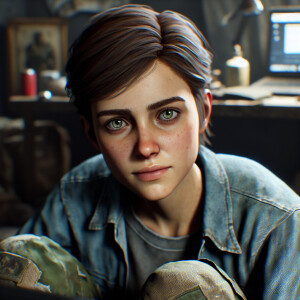 last of us ellie siting in front of laptop
