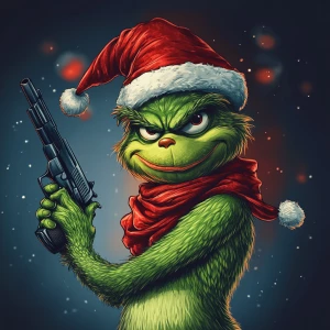 Grinch with a gun in his hands as a bandit. Use carton style. Ro...
