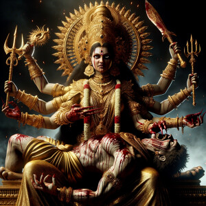 portrait of angry looking, four-armed indian goddess  sitting on a gold crown and carrying a weak mahishasur on her lap and poking his abdomen with her amazingly long red fingernails . She is wearing gold armor, a huge gold crown, gold saree, abundant  gold jewelry, covered in blood. The scene is set in ancient India. The image is 8K resolution, cinematic, photography, ultra detailed face and epic.