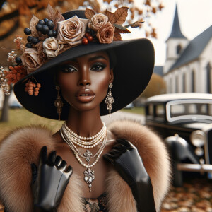 Create an image of a sophisticated woman with dark skin, wearing...