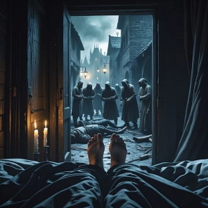 A first-person perspective of someone lying in bed in a medieval...