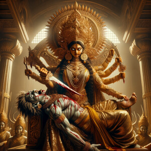 portrait of angry looking goddess durga sitting on a gold crown and carrying a weak mahishasur on her lap and stabbing him with her amazingly long fingernails. She is wearing gold armor, a huge gold crown, gold saree, abundant  gold jewelry, covered in blood. The scene is set in ancient India. The image is 8K resolution, photography, cinematic, ultra detailed face and epic