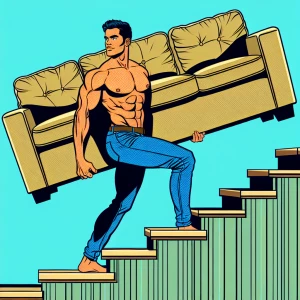 A lanky brown Colombian man carries a huge sectional couch up st...