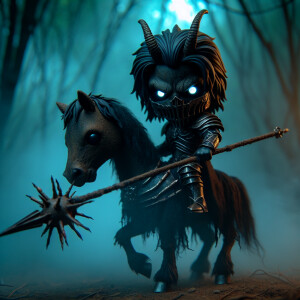 Create an image of a threatening chibi centaur wearing a decrepi...