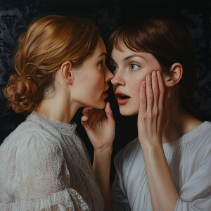 Create a highly detailed and realistic image of 2 women whisperi...