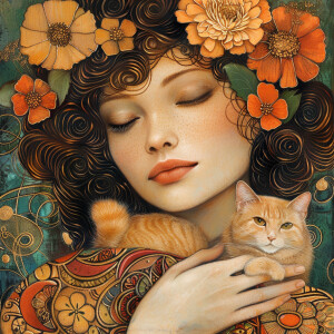 Create an image of a stunning woman adorned with flowers in her...