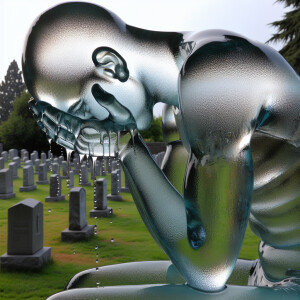 a man made entirely of glass, filled with water and , sitting ha...