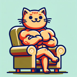A cartoon. A fit smiling male cat sitting in an armchair