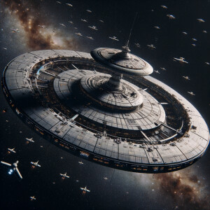 Giant space station realism black background , bustling saucer...