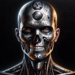 A beautifully intricate macabre android, its metallic body adorn...