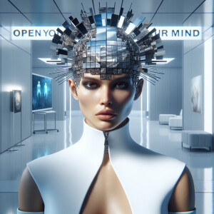 a fashion portrait of a woman with a head made of mirrors reflec...