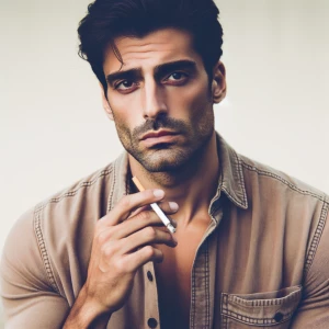 A handsome man. With a cigarette in his hand, he looks somewhat...