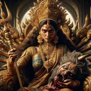 portrait of angry looking goddess durga sitting on a gold crown and carrying a weak mahishasur on her lap and stabbing him with her amazingly designed trident. She is wearing gold armor, a huge gold crown, gold saree, abundant  gold jewelry, covered in blood. The scene is set in ancient India. The image is 8K resolution, cinematic, ultra detailed face and epic.