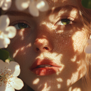 A hyper-ultra-realistic close-up of a young woman’s face illumin...