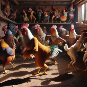 Anthropomorphic hens in a chicken house dance like exotic dancer...
