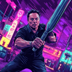 Elon Musk in GTA art style - mid-swing with a large metal bat, c...