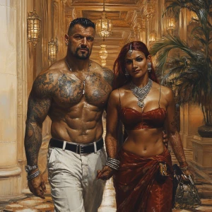 Hyperrealistic painting, a muscular, tattooed man and a 54-year-...