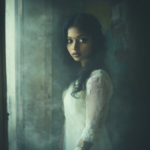 The image shows a fit Indian woman in a form fitting white dress...