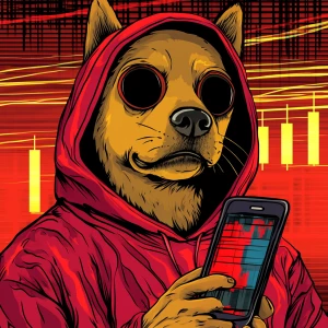 DOGE MEME with sunken eyes and hoodie, blank stare, holding a ph...