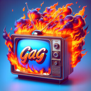 Tube TV with the word “GAG” on the screen on fire cartoon logo