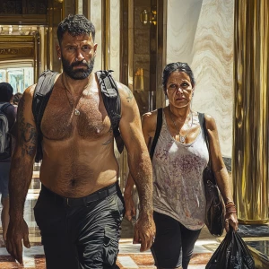 Photorealism,.A sweaty beefy man walking with his 54 year old ka...