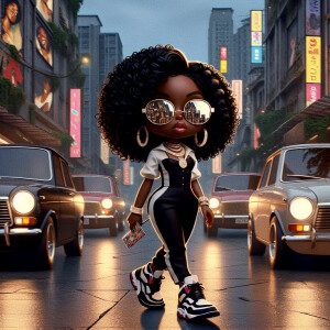 A chic, Chibi-style melanin woman with glossy curls, strolling t...