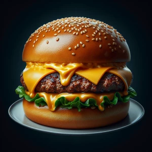 A hyperrealistic food image featuring a cheeseburger on a plate. Every seed on the bun, the melting cheese, the crisp lettuce, and the texture of the beef patty are vividly rendered, making it appear almost touchable