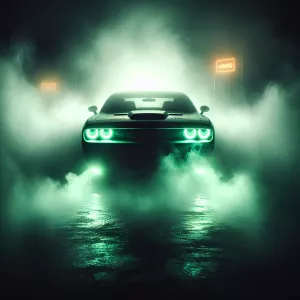A Camaro SS with glowing green headlights piercing through dense...