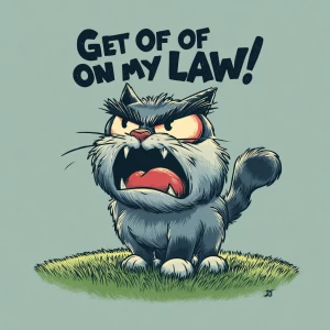 /imagine a grumpy cartoon-style cat standing on a lawn, fur fluf...