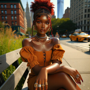 Enjoying a day out an electrostatic  art of an African American curvy toffee skin tone woman glossy skin, brown siren eyes. Newyork City landscape sitting on a bench. She’s wearing a Gucci mini dress off the shoulders, red heels, rings, multiple necklaces, spice red low braided updo plus edges, full lips, long metallic nails, wispy long lashes, 4K HDR contrast colors