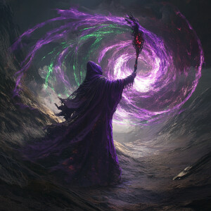 An extraterrestrial wizard with shimmering purple robes and glow...