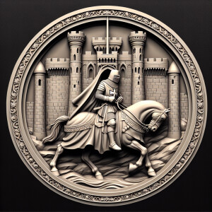 3d bas relief of a knight templar on a horse in front of a castl...