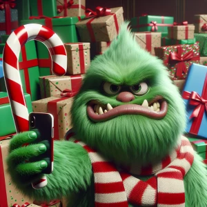 The Grinch posing for a selfie with an exaggerated angry express...